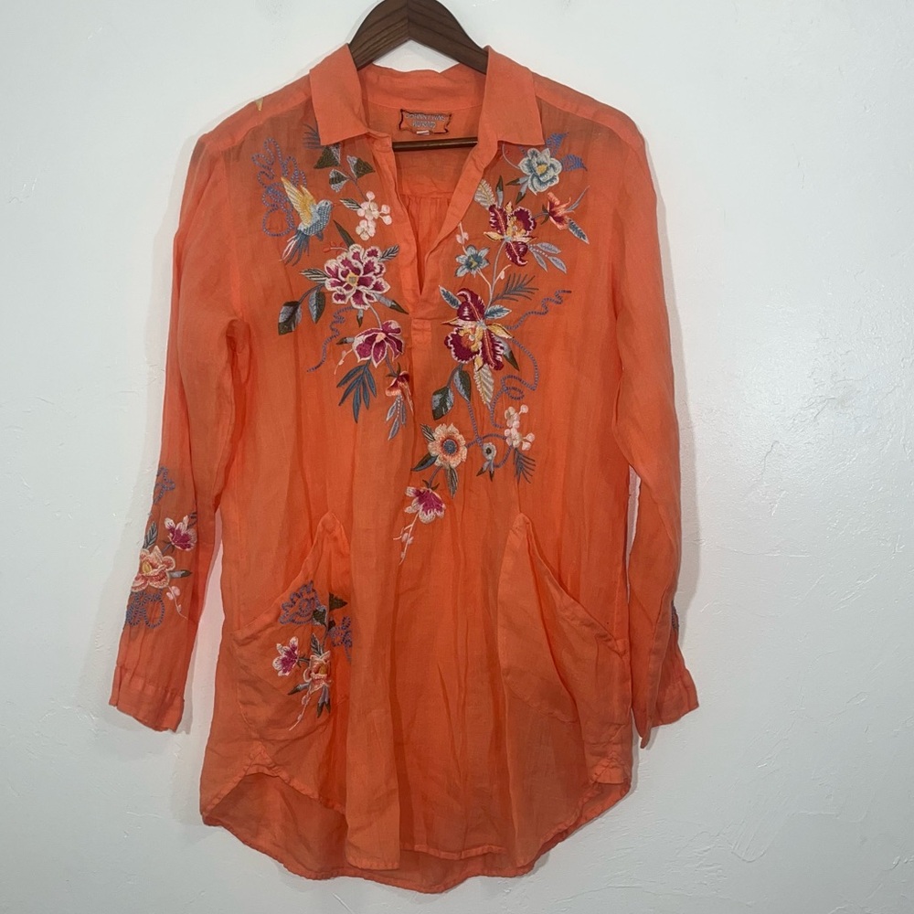 Johnny Was Miro Henley Popover Tunic Orange Embroidered Top Blouse Size M - Picture 2 of 11